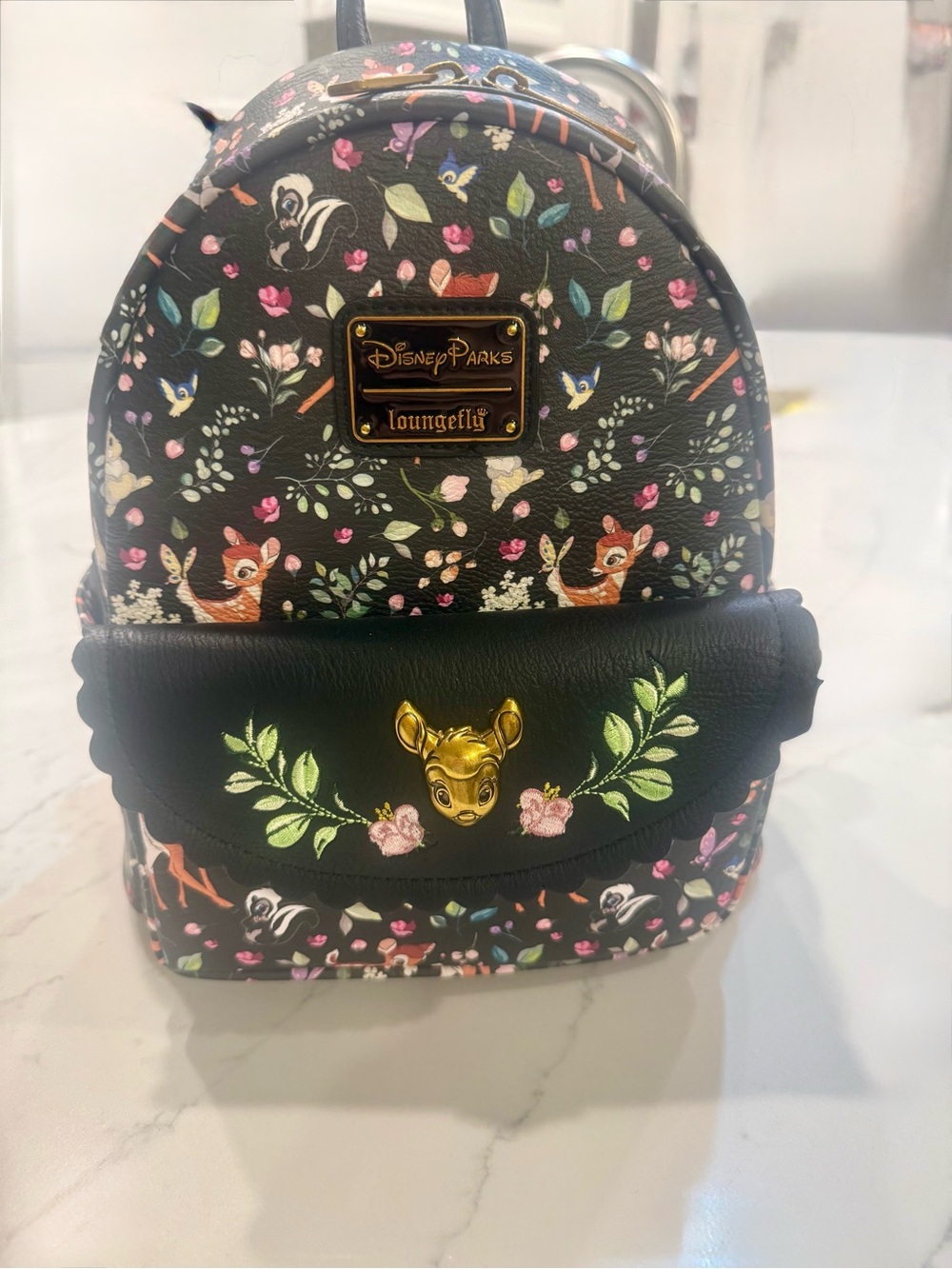Disney Loungefly Black Floral Bambi Mini Backpack with Gold Accent